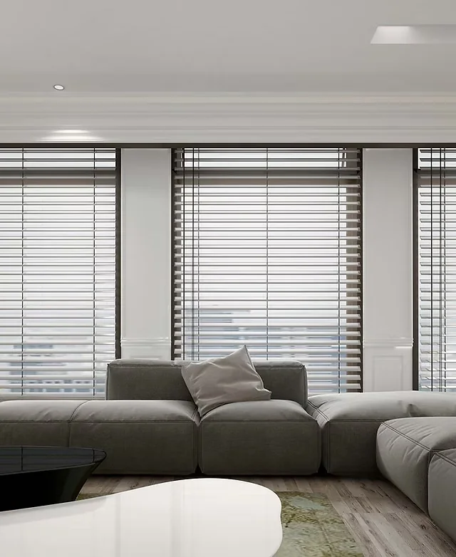 Neutral living room with modern horizontal blinds