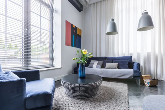 Contemporary living room with horizontal blinds