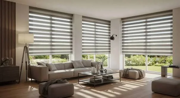 Grey zebra blinds in a modern living room